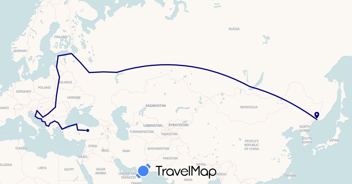 TravelMap itinerary: driving in Albania, Bosnia and Herzegovina, Bulgaria, Estonia, Croatia, Lithuania, Latvia, Montenegro, Macedonia, Romania, Serbia, Russia, Turkey, Ukraine (Asia, Europe)